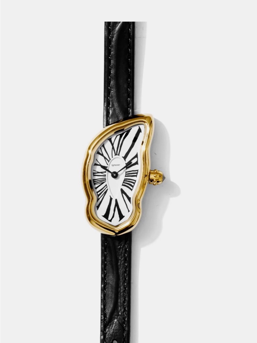 Laphont Gold-Tone Surrealist Melting Watch. Women's with Black Leather Strap